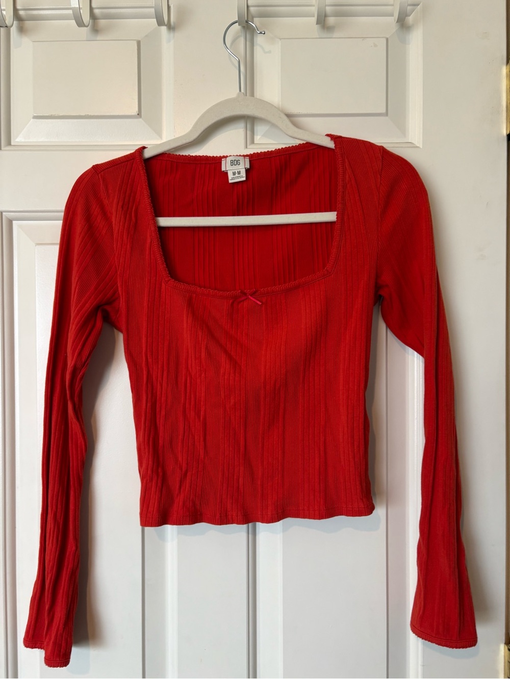 BDG Red Ribbed Long Sleeve Square Neck Top